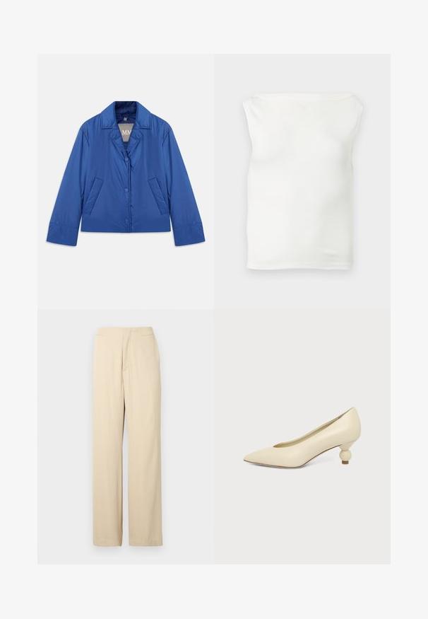 Blaue gepolsterte Jacke mit Kragen, vorderem Knopfverschluss und zwei Seitentaschen. Sie hat eine glatte Textur und ein cropped Design.; Weißes trägerloses, figurbetontes Tube-Top mit geradem Ausschnitt und glattem Stoff, auf hellem Hintergrund präsentiert.; Beige Hosen mit weitem Bein aus weichem Stoff, mit geradem Schnitt, glatter Textur und klassischem Bund mit vorderer Bügelfalte.; Damenpumps in cremefarben mit spitz zulaufender Schuhspitze und niedrigem, kugelförmigem Absatz vor einfarbigem Hintergrund.