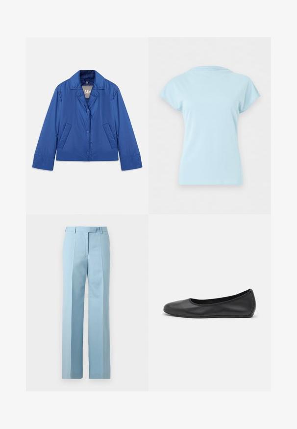Blaue gepolsterte Jacke mit Kragen, vorderem Knopfverschluss und zwei Seitentaschen. Sie hat eine glatte Textur und ein cropped Design.; Hellblaues T-Shirt mit kurzen Ärmeln und Rundhalsausschnitt, flach liegend dargestellt, ohne sichtbare Logos oder Muster auf weißem Hintergrund.; Hellblaue, maßgeschneiderte Hose mit hoher Taille, Gürtelschlaufen, vorderen Falten und geradem Bein auf weißem Hintergrund.; Schwarze Leder-Ballettschuhe mit abgerundeter Spitze, glatter Textur, minimalen Nähdetails und einem flexiblen Sohlen-Design.
