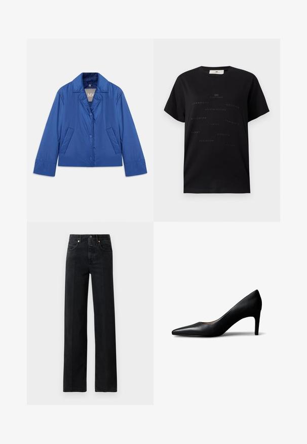 Blå polstret jakke med krave, frontlukning med knapper og to sidelommer. Har en glat tekstur og et kort design.; Sort t-shirt med korte ærmer lavet af bomuld, med fremhævede ord som "empowerment" og "beauty" arrangeret i et spredt mønster.; Sorte denim jeans med lige pasform. Har fem lommer, en knaplukning og minimale syninger. Klassisk design.; Sort damesko i læder med spids snude og mellemhøj hæl, vist fra siden på en hvid baggrund.