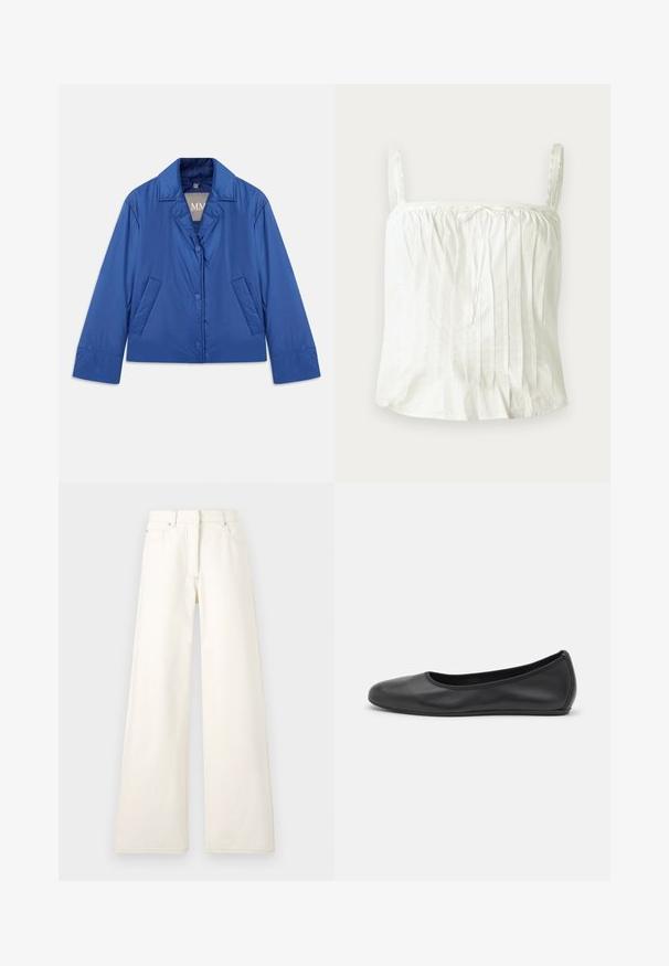 Blauwe gewatteerde jas met een kraag, sluiting met knopen aan de voorkant en twee zijzakken. Heeft een gladde textuur en een cropped ontwerp.; Witte mouwloze top met dunne bandjes, met geplooide textuur en kantaccenten langs de halslijn. Lichte katoenen stof.; Wijdbenige, crèmekleurige broek van denim met zichtbare stiksels en zakken. Het ontwerp heeft een hoge taille en een recht gesneden silhouet.; Zwarte leren ballerina met een ronde neus, gladde textuur, minimale stikdetails en een flexibele zoolontwerp.