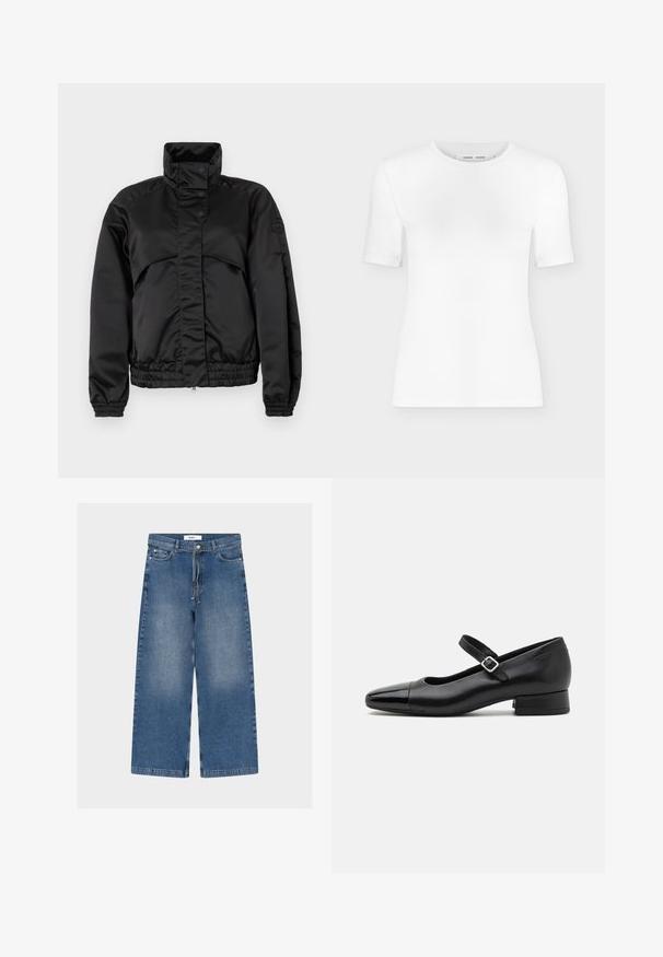 Schwarze gepolsterte Jacke mit hohem Kragen, Druckknöpfen, elastischen Bündchen und tailliertem Saum. Glatte Textur und minimalistisches Design.; Weißes T-Shirt mit kurzen Ärmeln und Rundhalsausschnitt, schlanker Passform und gerippter Stoffstruktur, dargestellt vor einem schlichten hellgrauen Hintergrund.; Weit geschnittene blaue Jeans aus Denim mit Taschen vorne und einem gebundenen Gürtel, der an den Oberschenkeln leicht ausgebleichte Stellen zeigt.; Schwarze Leder-Mary-Jane-Schuhe mit einer patentierten Zehenkappe, verstellbarem Knöchelriemen und niedrigem Blockabsatz. Glatte Textur und elegantes Design.