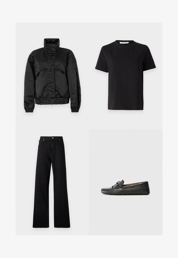 Must klaffiga jope kõrge kraega, nupud, elastsed mansetid ja kitsas äär. Sile tekstuur ja minimalistlik disain.; Must have lühikeste varrukatega t-särk, mis on valmistatud pehmest puuvillast, ümmarguse kaelusega, lõdva sobivusega ja sileda tekstuuriga. Ei ole nähtavaid mustreid ega graafikat.; Mustad laiade jaladega teksapüksid, viie taskuga disain, ees nupuga sulgemine ja peened õmblusdetailid.; Must must nahkpaat, millel on ümar varvas, tikitud detailid, väike paelte aksent ja kummist tald. Sile tekstuur ja voolujooneline disain.