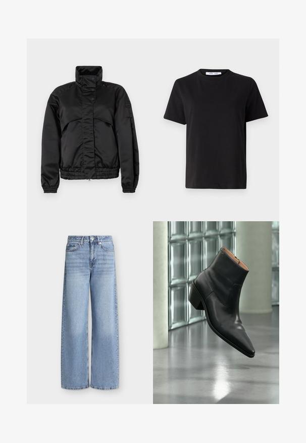 Chaqueta acolchada negra con un cuello alto, botones a presión, puños elásticos y un dobladillo entallado. Textura suave y diseño minimalista.; Camiseta negra de manga corta hecha de algodón suave, con un cuello redondo, corte relajado y una textura lisa. Sin patrones ni gráficos visibles.; Vaqueros de pierna ancha azul claro con bolsillos delanteros, trabillas para cinturón, cierre de botones y detalles desgastados en los muslos.; Botín de piel negra con puntera puntiaguda y tacón cuadrado que levita sobre un suelo gris reflectante cerca de una pared de bloques de cristal.