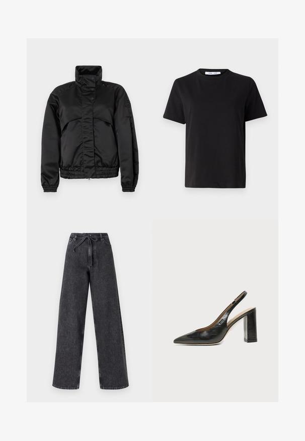 Must klaffiga jope kõrge kraega, nupud, elastsed mansetid ja kitsas äär. Sile tekstuur ja minimalistlik disain.; Must have lühikeste varrukatega t-särk, mis on valmistatud pehmest puuvillast, ümmarguse kaelusega, lõdva sobivusega ja sileda tekstuuriga. Ei ole nähtavaid mustreid ega graafikat.; Kõrge vöökohaga, laiad mustad denimpüksid, millel on nöörsulgur. Omab kulunud tekstuuri ja peeneid tikandeid.; Mustast nahast terava varbaga slingback-kinga kõrge plokk-kontsaga ja beežsisemise voodriga tavalise heledal taustal.