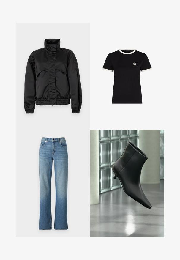 Chaqueta acolchada negra con un cuello alto, botones a presión, puños elásticos y un dobladillo entallado. Textura suave y diseño minimalista.; Camiseta negra de manga corta hecha de algodón, con un cuello de canalé blanco en contraste y un pequeño diseño bordado en el pecho.; Jeans de mezclilla azul claro con un diseño de pierna recta, que cuentan con cinco bolsillos, cierre de botón y un ligero desgastado para un aspecto usado.; Botín negro de cuero con punta puntiaguda y tacón bajo estilo kitten, mostrado en ángulo sobre un suelo pulido y con una pared de bloques de vidrio de fondo.