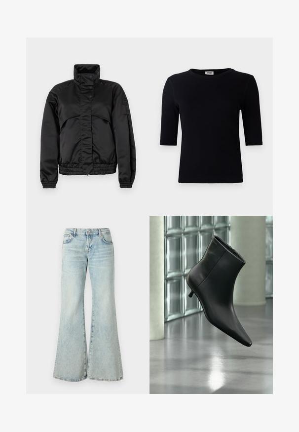 Sort polstret jakke med høj krave, tryknapper, elastiske manchetter og en tætsiddende kant. Glat tekstur og minimalistisk design.; Sort ribbet t-shirt med rund halsudskæring og trekvart ærmer. Stoffet har en glat tekstur og lige kant. Ingen synlig branding.; Lyseblå flared jeans lavet af denim, med høj talje, lommer og frynset kant. Stoffet har et slidt look og en subtil struktur.; Sort læderankelstøvle med spids tå og lav kitten-hæ, vist vinklet mod en poleret gulv- og glasblokvæg.
