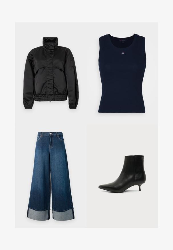 Sort polstret jakke med høj krave, tryknapper, elastiske manchetter og en tætsiddende kant. Glat tekstur og minimalistisk design.; Mørkeblå bomulds tanktop med ribbet struktur, rund halsudskæring og et lille broderet logo på brystet. Let og tætsiddende design.; Bredde denimjeans i mørk vask med en falmet finish. Har en rå kant og lyskraftige denimmanchetter. Inkluderer forlommer og knaplukning.; Sort læder ankelstøvle med spids tå og lav kitten hæl på lys baggrund, der viser yderside.