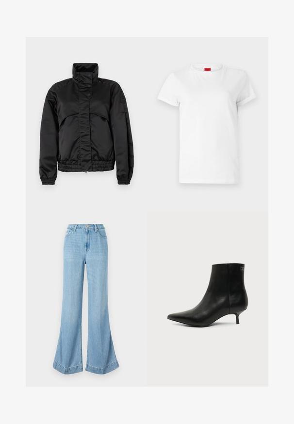 Schwarze gepolsterte Jacke mit hohem Kragen, Druckknöpfen, elastischen Bündchen und tailliertem Saum. Glatte Textur und minimalistisches Design.; Weißes Kurzarm-T-Shirt aus leichtem Baumwollstoff. Hat einen runden Halsausschnitt und umgeschlagene Ärmel. Rotes Logo-Tag am Kragen.; Helle blaue Jeans mit weitem Bein im Denim-Stil, hochgeschnitten mit Knopfverschluss, featuring einen sauberen Abschluss und ausgestellt geschnittenem Saum mit seitlichen Schlitzen.; Schwarzer Leder-Knöchel-Stiefel mit spitzer Spitze und niedrigem Kittenabsatz vor hellem Hintergrund, seitliche Ansicht.