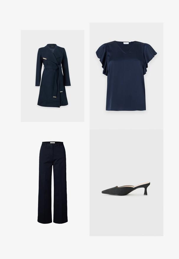 Long manteau bleu marine avec de larges revers, ceinture en tissu avec embouts métalliques et manches longues sur un fond clair uni.; Blouse en satin bleu marine avec col en V et manches volantées, présentée sur un fond gris clair.; Pantalon bleu marine à jambes droites avec poches avant et ceinture avec passants, présenté sur fond blanc.; Chaussure slingback en daim noir avec un bout pointu, un petit talon bloc et un design découpé le long du bord, mettant en valeur une texture lisse.