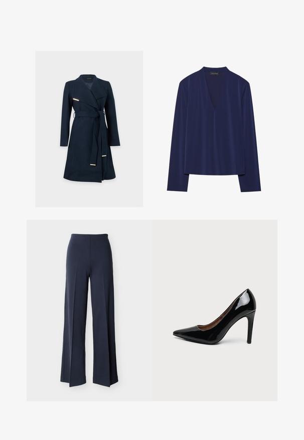 Long manteau bleu marine avec de larges revers, ceinture en tissu avec embouts métalliques et manches longues sur un fond clair uni.; T-shirt à manches longues bleu marine avec un décolleté en V profond et un tissu doux et lisse. La conception offre une coupe décontractée avec peu de coutures et sans motifs.; Pantalon large bleu marine avec fentes latérales, taille haute et devant lisse, présenté sur un fond blanc.; Escarpin femme en cuir verni noir à talon haut, bout pointu et talon fin sur fond blanc uni.