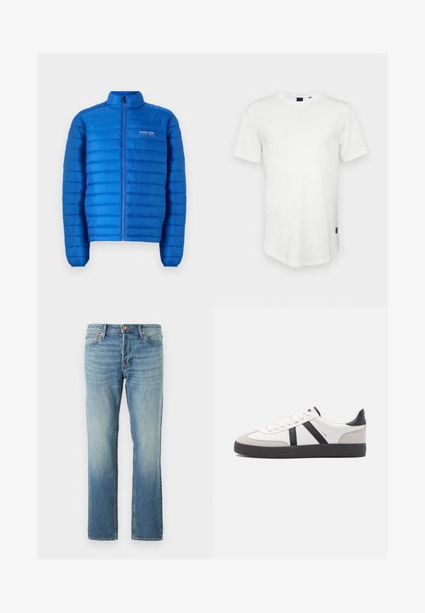 Blaue, gepolsterte Jacke mit horizontalem Steppmuster, hohem Kragen und durchgehendem Reißverschluss. Mit "Red Bull Racing"-Logo auf der Brust.; Weißes T-Shirt mit kurzen Ärmeln aus Baumwolle, mit Rundhalsausschnitt und einem leicht verlängerten Rückenteil, sowie einem kleinen Logo-Akzent an der Seite.; Hellblaue Jeans aus Denim mit geradem Bein, die ein verblasstes Finish, kupferne Nieten und einen klassischen Fünf-Taschen-Stil aufweisen.; Weiße Sneaker mit schwarz- und grau-aczenten, ausgestattet mit einer strukturierten grauen Zehenkappe, schwarzer Gummi-Sohle und flachen weißen Schnürsenkeln. Sauberes Design, minimalistische Stil.