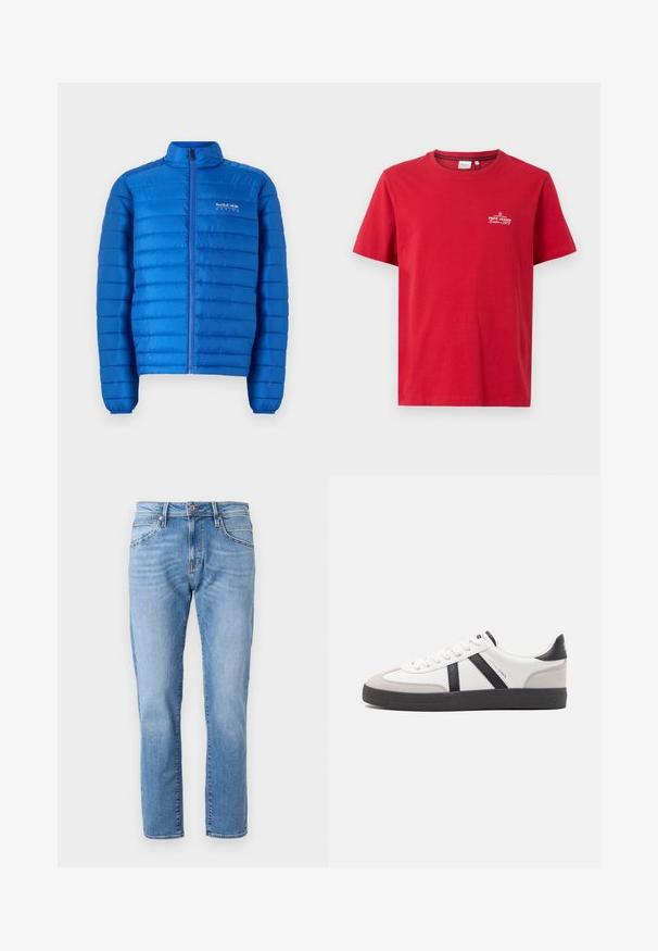 Blå, polstret jakke med horisontalt quiltet mønster, høj krave og fuldlængde lynlås. Har "Red Bull Racing" logo på brystet.; Pepe Jeans THIAGO TEE - T-shirts print - rugby red; Lyseblå denimjeans med lige ben, klassisk fem-pocket design, subtilt slid og en kontrastknaplukning i taljen.; Hvide sneakers med sorte og grå detaljer, med en tekstureret grå tåhætte, sort gummisål og flade hvide snørebånd. Rent design, minimalistisk stil.