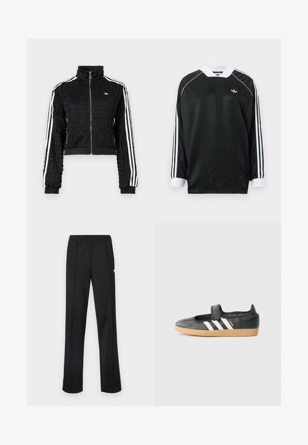Musta teksturoitu vetoketjullinen urheilutakki, korkealla kauluksella, valkoiset kolmoisraidat hihoissa ja pieni valkoinen Adidas-logo rinnassa.; Musta pitkähihainen V-kauluksella varustettu paita, jossa on pystysuoria raitoja, valkoisia yksityiskohtia ja kolme valkoista raitaa jokaisessa hihassa. Pieni logo rinnassa.; Musta urheiluhousut, joissa on joustava vyötärönauha, suoralahkeiset ja valkoinen logodetalji sivulla. Valmistettu kevyestä, sileästä kankaasta.; Mustat nahka- ja mokkanahkalenkkarit, joissa on tarranauha, kolme valkoista raitaa ja kumipohja. Sivussa lukee "SAMBA".