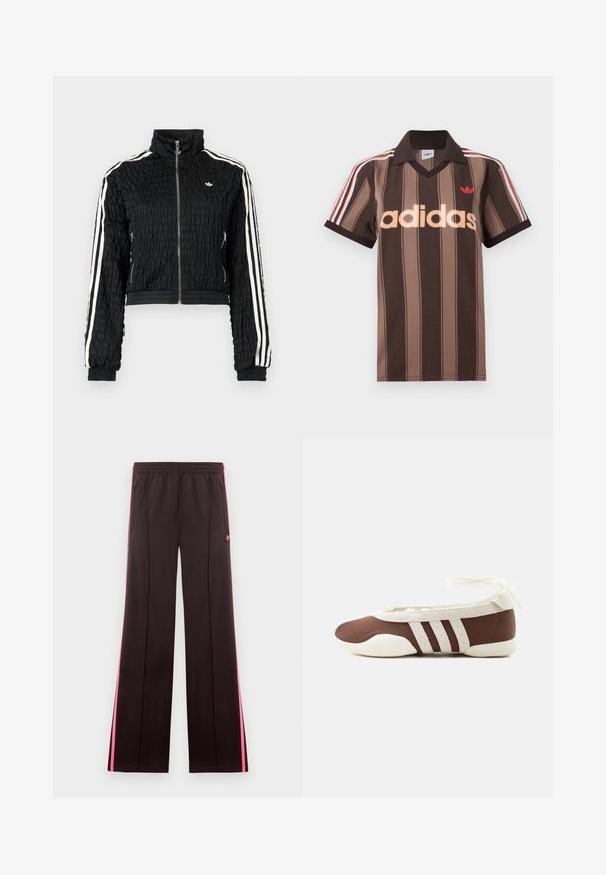 Musta teksturoitu vetoketjullinen urheilutakki, korkealla kauluksella, valkoiset kolmoisraidat hihoissa ja pieni valkoinen Adidas-logo rinnassa.; Ruskearaidallinen Adidas-pikeepaita, jossa on V-aukko, viininpunainen kaulus ja punainen logo. Paidassa on valkoiset ja punaiset olkapääraidat sekä lyhyet hihat.; Mustat urheiluhousut, joissa vaaleanpunaiset sivuraidat, joustava vyötärö, vetoketjulliset taskut ja Adidas-logo vasemmassa reidessä.; Ruskea ja valkoinen balettikenkiä, joissa on kolme valkoista raitaa ja nilkkasolmulla varustettu nauha, yksinkertaisella vaalealla taustalla.