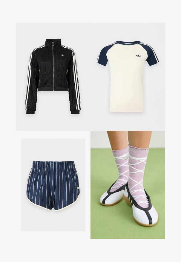 Black textured zip-up track jacket with high collar, white triple stripes on sleeves, and small white Adidas logo on the chest.; Short-sleeve cream shirt with navy raglan sleeves, white stripes on sleeves, and a small black Adidas logo on the chest.; Navy blue athletic shorts with white vertical stripes, elastic waistband, two front snaps, white trim, and Adidas logo on left leg.; Legs wearing ribbed lavender socks with white crisscross straps paired with white ballet flats featuring black trim on green floor.