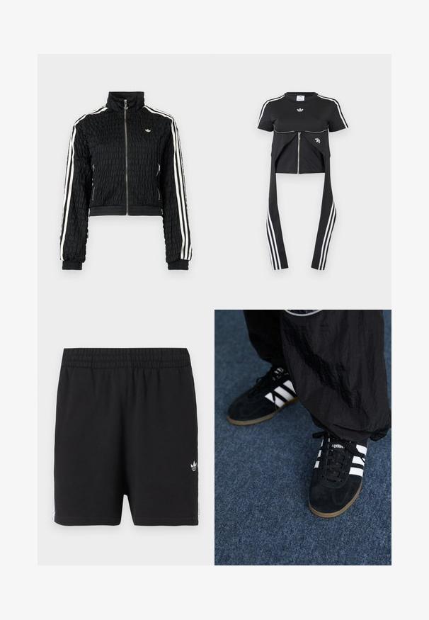 Black textured zip-up track jacket with high collar, white triple stripes on sleeves, and small white Adidas logo on the chest.; Black short-sleeve top with white Adidas stripes on sleeves, front zipper detail, and extended fabric panels hanging down with three white stripes.; Black athletic shorts with elastic waistband, small white Adidas trefoil logo on left leg, and white stripes along sides.; Black suede athletic shoes with three white stripes and black laces. A textured black pant is partially visible beside the shoes.