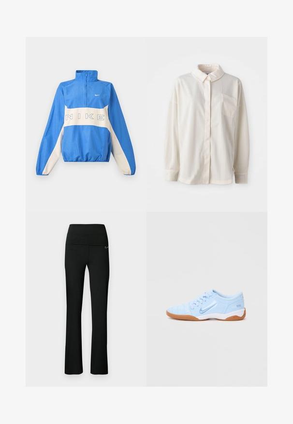 Μπλε και λευκό πουλόβερ Nike με ημιδιάφανο φερμουάρ, ελαστικά μανσέτες και τελείωμα, με το λογότυπο της Nike γραμμένο στο στήθος και μικρό σήμα Swoosh στην αριστερή πλευρά.; Λευκό πουκάμισο με κολάρο και κουμπιά, με κάθετες ρίγες, μακριά μανίκια, μία θήκη στο στήθος, κατασκευασμένο από λεία ύφασμα με απαλή υφή.; Μαύρο αθλητικό παντελόνι με εφαρμοστή μέση και φαρδιά μπατζάκια. Κατασκευασμένο από ελαστικό ύφασμα, με μικρό λογότυπο στη μία πλευρά.; Ανοιχτό μπλε αθλητικό παπούτσι με λείο συνθετικό επάνω μέρος, με υφή στα διακοσμητικά στοιχεία και σόλα από καουτσούκ. Διαθέτει λογότυπο στο πλάι.