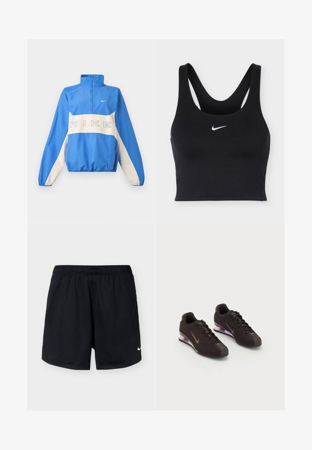 Μπλε και λευκό πουλόβερ Nike με ημιδιάφανο φερμουάρ, ελαστικά μανσέτες και τελείωμα, με το λογότυπο της Nike γραμμένο στο στήθος και μικρό σήμα Swoosh στην αριστερή πλευρά.; Μαύρο αθλητικό σουτιέν Nike με φαρδιές τιράντες και λευκό λογότυπο Nike Swoosh στο κέντρο μπροστά.; Μαύρο αθλητικό σορτς Nike με ελαστική μέση και μικρό λευκό λογότυπο Nike στο κάτω δεξί πόδι, εμφανισμένο σε απλό ανοιχτό φόντο.; Μαύρα αθλητικά παπούτσια με υφή στο πάνω μέρος, καφέ λεπτομέρειες και μωβ σόλα με αερόστρωση. Σχέδιο με κορδόνια και έντονη σήμανση.