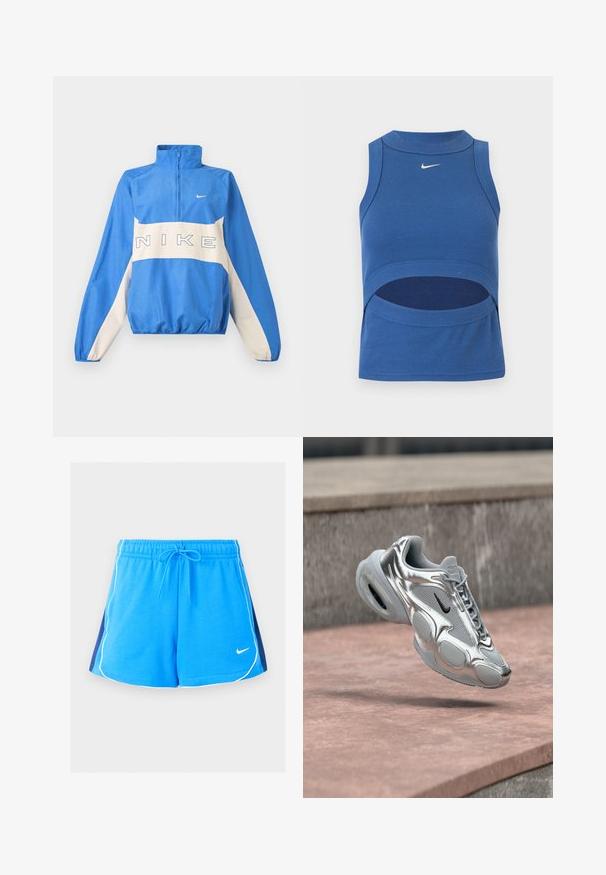 Μπλε και λευκό πουλόβερ Nike με ημιδιάφανο φερμουάρ, ελαστικά μανσέτες και τελείωμα, με το λογότυπο της Nike γραμμένο στο στήθος και μικρό σήμα Swoosh στην αριστερή πλευρά.; Μπλε αμάνικο crop top Nike με ψηλό λαιμό και άνοιγμα στο στομάχι, υφασμάτινη ρίγα και λευκό λογότυπο Swoosh στο κέντρο μπροστά.; Μπλε αθλητικές κοντές βερμούδες με λευκή ρίγα κατά μήκος των άκρων, μπλε ναυτικό πλαϊνά πάνελ, ελαστική μέση, κορδόνι και μικρό λευκό λογότυπο Nike μπροστά.; Ασημί και γκρι sneaker Nike Air με μαύρο λογότυπο, να αιωρείται πάνω από μια ροζ τσιμεντένια επιφάνεια και ένα φόντο από λίθινη άκρη.