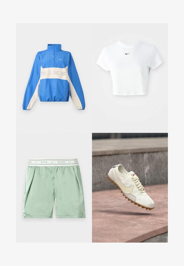 Μπλε και λευκό πουλόβερ Nike με ημιδιάφανο φερμουάρ, ελαστικά μανσέτες και τελείωμα, με το λογότυπο της Nike γραμμένο στο στήθος και μικρό σήμα Swoosh στην αριστερή πλευρά.; Λευκό κοντό μπλουζάκι από βαμβάκι, με κοντά μανίκια και στρογγυλή λαιμόκοψη, διακοσμημένο με το μαύρο λογότυπο της Nike στο στήθος.; Ανοιχτό πράσινα αθλητικά σορτς Nike με λευκή ελαστική μέση που διαθέτει επαναλαμβανόμενα λογότυπα Nike και πλαϊνές τσέπες.; Λευκό και μπεζ αθλητικό παπούτσι με κορδόνια και καουτσούκ σόλα να αιωρείται πάνω από μια πέτρινη επιφάνεια με θολό σκυρόδεμα φόντο.