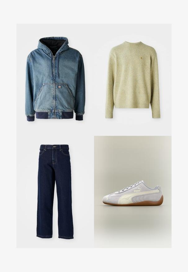 Jeansjacke mit Kapuze, mit einem Reißverschluss vorne, zwei großen Fronttaschen und gerippten Bündchen. Hellblaue Farbe mit dunklen marineblauen Akzenten.; Hellgrüner Strickpullover mit rundem Halsausschnitt, gerippten Bündchen und Saum. Mit einem kleinen goldenen Logo auf der linken Brust. Weiche Textur.; Dunkelblaue Jeans mit weitem Bein aus Denim, gerader Schnitt, Fünf-Taschen-Design und Abschlussnähten entlang des Saums.; Hellgrauer Puma Veloursledersneaker mit weißem Streifendetail und Gummisohle, von der Außenseite vor neutralem Hintergrund betrachtet.