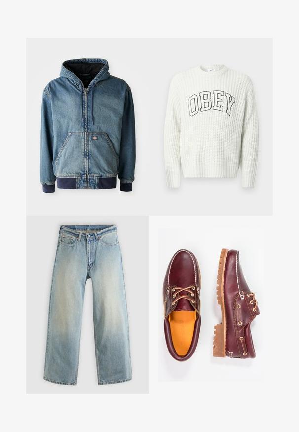 Denimjakke med hætte, med lynlås foran, to store forlommer og ribbede manchetter. Lys blå farve med mørk marineblå detaljer.; Hvid strikket sweater med "OBEY" i sort bogstaver tværs over brystet, med ribbet struktur og rund halsudskæring.; Lyseblå, vidbenede cowboybukser med en falmet finish. Har et standard fem-lomme-design og lukning med metal knap.; Bordeaux lædersko med brune gummisåler, rund tå, hvid syning og gyldne snøringer. Indersiden har et gult for.
