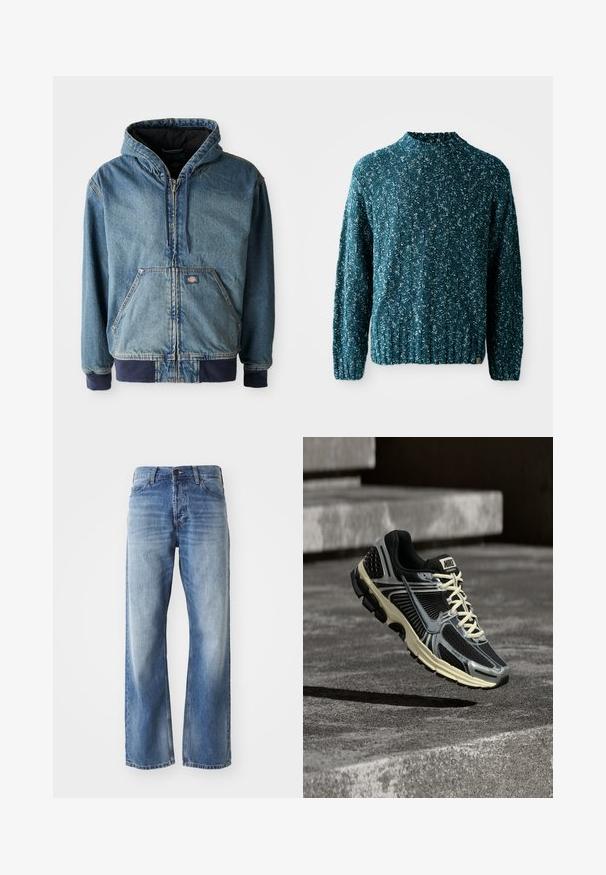 Denimjakke med hætte, med lynlås foran, to store forlommer og ribbede manchetter. Lys blå farve med mørk marineblå detaljer.; Teal strikket sweater med et struktureret mønster, høj krave og ribkant. Fremstillet af et blødt stof med en let løs pasform.; Blå denim straight-leg jeans med let fading på lårene og knæene, med fem lommer og en knaplukning.; Sort og grå Nike-løbesko med cremefarvede snørebånd, der svæver over en tekstureret betonoverflade.
