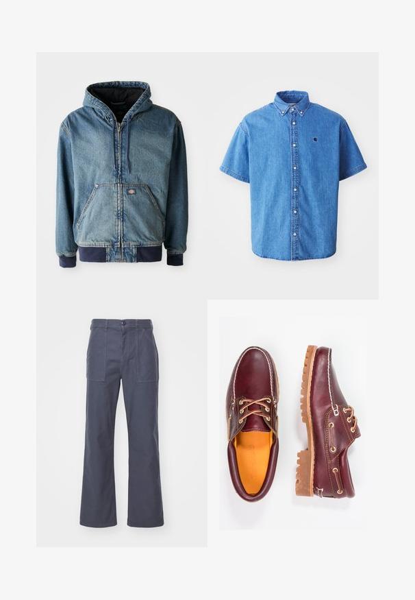 Jeansjacke mit Kapuze, mit einem Reißverschluss vorne, zwei großen Fronttaschen und gerippten Bündchen. Hellblaue Farbe mit dunklen marineblauen Akzenten.; Kurze Ärmel Denim-Hemd in Hellblau mit button-down Kragen, versehen mit einem Brustlogo und auffälligen Nähten.; Dunkelgraue, weit geschnittene Hose aus Baumwolle. Mit zwei vorderen Taschen und einem Knopfverschluss. Glatte Textur mit einem lässigen Design.; Bordeauxfarbene Lederschuhe mit braunen Gummisohlen, runder Zehenform, weißen Nähten und goldenen Ösen. Das Innenfutter weist eine gelbe Beschichtung auf.