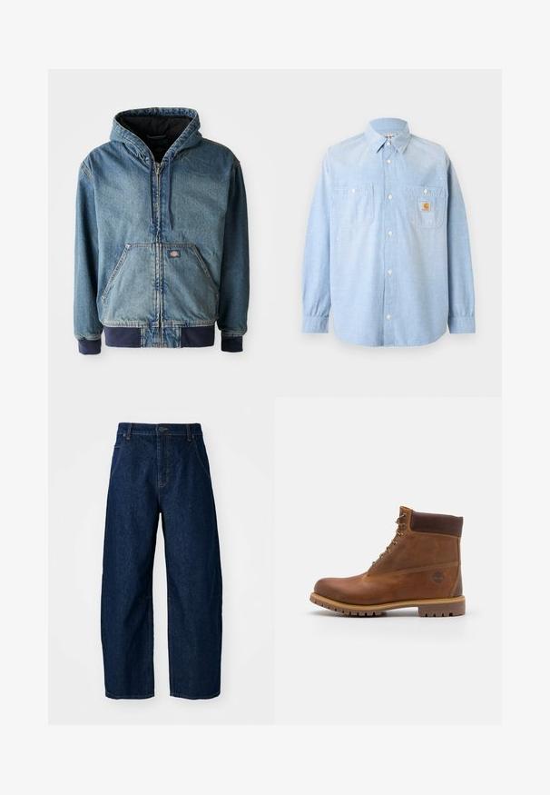 Jeansjacke mit Kapuze, mit einem Reißverschluss vorne, zwei großen Fronttaschen und gerippten Bündchen. Hellblaue Farbe mit dunklen marineblauen Akzenten.; Hellblaues langärmeliges Hemd zum Knöpfen mit zwei vorderen Taschen, eine davon mit Carhartt-Logo-Patch und dezenten weißen Farbspritzern.; Hellebeine Jeans aus dunklem Denim mit hoher Taille, fünf Taschen, vorderem Knopfverschluss und sichtbaren Nähten.; Braune Lederwanderschuhe mit glatter Oberfläche, gepolstertem Knöchel, Metallösen und einer Gummisohle mit robustem Profil.