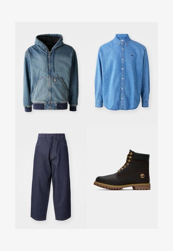 Jeansjack met een capuchon, voorzien van een ritssluiting aan de voorkant, twee grote voorzakken en geribbelde manchetten. Lichtblauwe kleur met donkerblauwe accenten.; Denim button-up shirt, lichtblauw van kleur, met een puntkraag, lange mouwen en een klein logo op de borst. Voorzien van witte knopen en gestikte naden.; Donkerblauwe denim jeans met een losse, wijde pasvorm. Kenmerken zijn een knoopsluiting, steekzakken aan de voorkant en zichtbare stiksels.; Zwarte leren enkellaars met gouden oogjes, bruine accenten en een rubberen zool. Heeft een gevoerde kraag en geperst logo aan de zijkant.