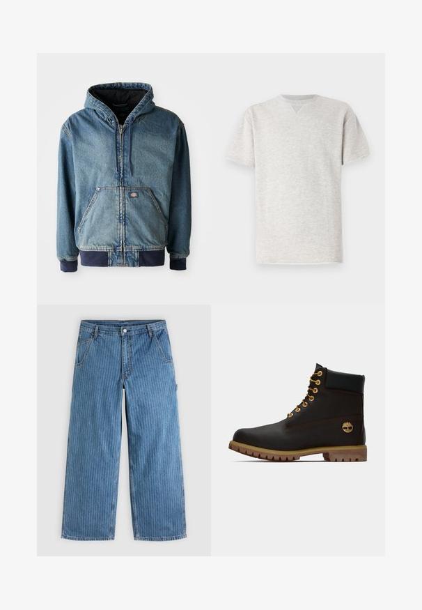 Denimjakke med hætte, med lynlås foran, to store forlommer og ribbede manchetter. Lys blå farve med mørk marineblå detaljer.; Grå t-shirt med korte ærmer lavet af blødt stof. Har en klassisk rund hals og en afslappet pasform med en subtil meleret tekstur.; Blå vidde jeans med tynde hvide lodrette nålestriber, forlommer, bæltestropper og knaplukning i taljen.; Sorte læder ankelstøvle med gyldne øjer, brune detaljer og gummisål. Har en polstret krave og præget logo på siden.