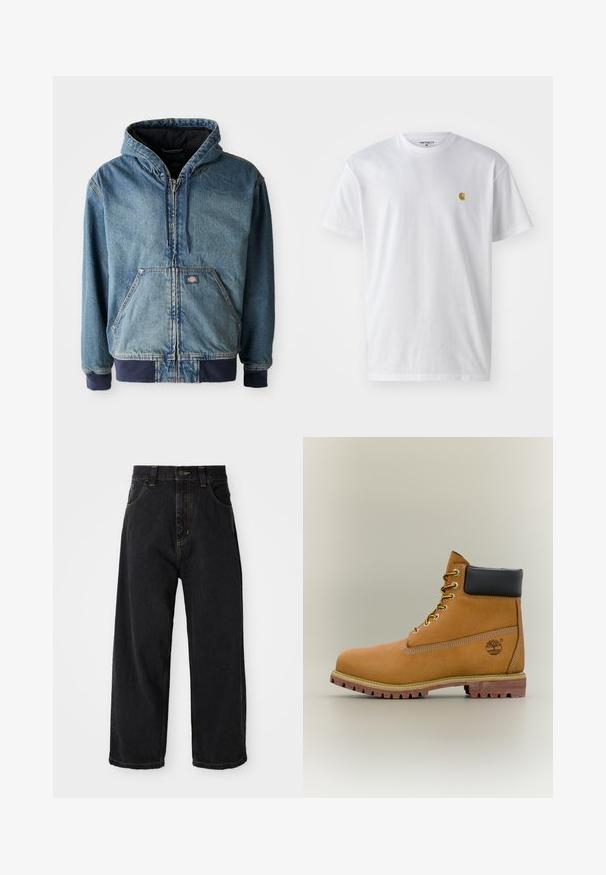 Jeansjacke mit Kapuze, mit einem Reißverschluss vorne, zwei großen Fronttaschen und gerippten Bündchen. Hellblaue Farbe mit dunklen marineblauen Akzenten.; Weißes Baumwoll-T-Shirt mit kurzen Ärmeln, Rundhalsausschnitt, mit einem kleinen goldenen Logo im linken Brustbereich. Weicher Stoff und normale Passform.; Schwarze, weit geschnittene Jeans mit hoher Taille, vorderem Knopf, Reißverschluss und gelben Nähten an Taschen und Nähten.; Brauner Leder-Stiefelette mit schwarzem Kragen, gelben Schnürsenkeln und hellbrauner Sohle. Verfügt über ein Logo und weiße Ziernähe. Robuste Profilsohle.