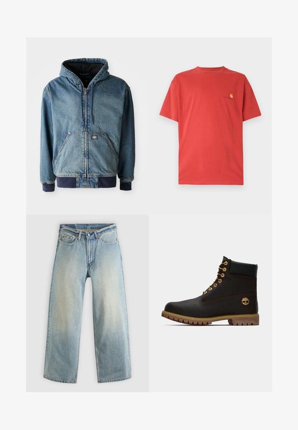 Jeansjack met een capuchon, voorzien van een ritssluiting aan de voorkant, twee grote voorzakken en geribbelde manchetten. Lichtblauwe kleur met donkerblauwe accenten.; Rood katoenen T-shirt met een ronde hals, korte mouwen en een klein geel logo op de linkerborst. Gladde textuur, casual ontwerp.; Lichtblauwe, wijde spijkerbroek met een verwaaide afwerking. Voorzien van een standaard ontwerp met vijf zakken en een metalen knoopsluiting.; Zwarte leren enkellaars met gouden oogjes, bruine accenten en een rubberen zool. Heeft een gevoerde kraag en geperst logo aan de zijkant.