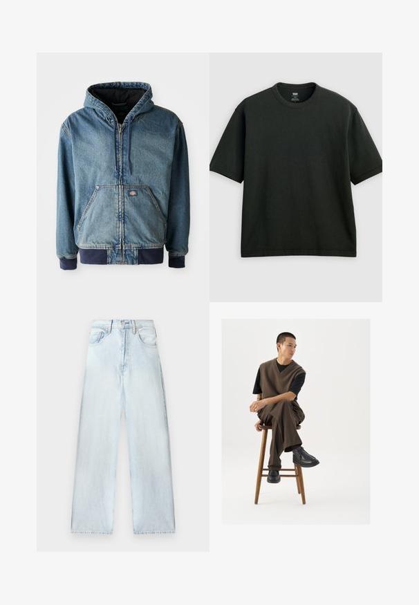 Jeansjack met een capuchon, voorzien van een ritssluiting aan de voorkant, twee grote voorzakken en geribbelde manchetten. Lichtblauwe kleur met donkerblauwe accenten.; Zwart T-shirt met korte mouwen en ronde hals, losvallende pasvorm, getoond op een vlakke lichtgrijze achtergrond.; Lichtblauwe spijkerbroek met een losse pasvorm, hoge taille, vijf-pocketontwerp en rechte pijpen. Vervaagde textuur met zichtbare stikdetails.; Bruin gebreid vest over een zwart t-shirt, gecombineerd met bruine wijde broek en zwarte chunky schoenen, zittend op een houten kruk.