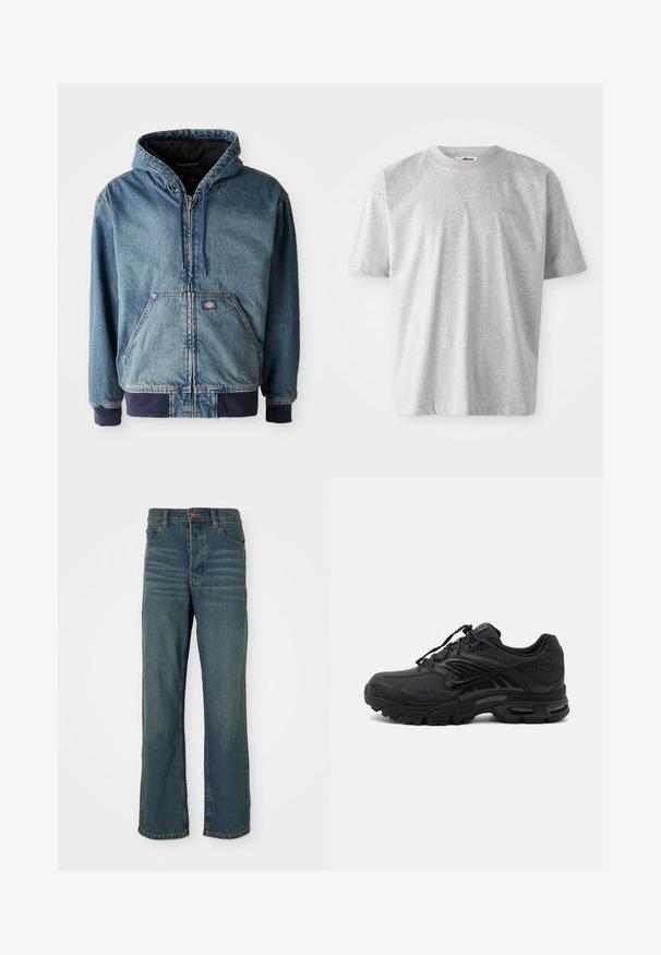 Jeansjack met een capuchon, voorzien van een ritssluiting aan de voorkant, twee grote voorzakken en geribbelde manchetten. Lichtblauwe kleur met donkerblauwe accenten.; Grijs t-shirt met korte mouwen, gemaakt van zacht materiaal. Het heeft een ronde halslijn en een subtiele geborduurde logo op de voorkant.; Blauwe denim jeans met een rechte pijp, voorzien van vijf zakken, een knoopsluiting en lichte vervaging aan de voorkant.; Zwarte atletische sneaker met textuurstof, dikke gevoerde zool, luchtopeningen en vetersluiting, vanaf de zijkant weergegeven tegen een lichte achtergrond.