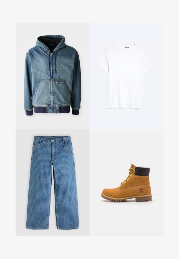 Denimjakke med hætte, med lynlås foran, to store forlommer og ribbede manchetter. Lys blå farve med mørk marineblå detaljer.; Enkelt hvid T-shirt med korte ærmer og rund hals med synligt WEEKDAY-mærke i kraven, vist på en lys baggrund.; Blå vidde jeans med tynde hvide lodrette nålestriber, forlommer, bæltestropper og knaplukning i taljen.; Brune læder ankelstøvle med metaløjer, hvid pelsforing, sort polstret krave, robust sål og præget logo på siden.