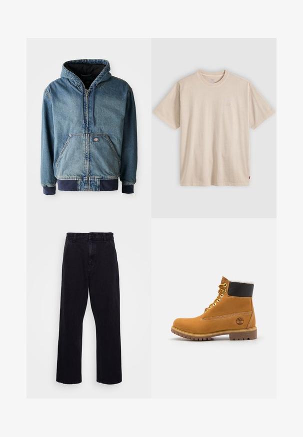 Jeansjack met een capuchon, voorzien van een ritssluiting aan de voorkant, twee grote voorzakken en geribbelde manchetten. Lichtblauwe kleur met donkerblauwe accenten.; Beige T-shirt met korte mouwen en ronde hals, voorzien van een subtiel Levi's-logo op de borst en een klein rood label aan de zijnnaad.; Zwarte denim broek met een rechte pijpdesign, voorzien van een knoop- en ritssluiting, riemlussen en minimale stikdetails.; Bruine leren enkellaars met metalen oogjes, witte faux bont voering, zwarte gewatteerde kraag, robuuste zool en een reliëflogo aan de zijkant.