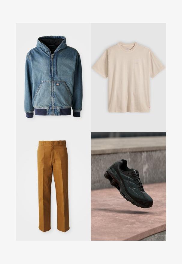 Jeansjacke mit Kapuze, mit einem Reißverschluss vorne, zwei großen Fronttaschen und gerippten Bündchen. Hellblaue Farbe mit dunklen marineblauen Akzenten.; Beige T-Shirt mit kurzen Ärmeln und Rundhalsausschnitt, mit dezentem Levi’s-Logo auf der Brust und kleinem rotem Etikett an der Seitennaht.; Braune, maßgeschneiderte Hose mit glatter Textur, mit geradem Beinschnitt, Falten vorne und einem normalen Taillenbund.; Schwarzer athletischer Sneaker mit sichtbarer Air-Cushioning-Zwischensohle, der über einer rosa Steinoberfläche mit grauer Steinmauer im Hintergrund schwebt.