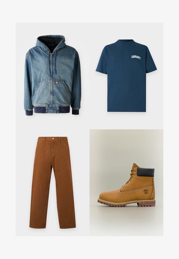 Denimjakke med hætte, med lynlås foran, to store forlommer og ribbede manchetter. Lys blå farve med mørk marineblå detaljer.; Marineblå bomulds t-shirt med korte ærmer og rund hals. Har et hvidt "Carhartt"-logo trykt på venstre bryst.; Brune bukser med lige ben, bæltestropper, forlommer og knaplukning i taljen, vist på en ensfarvet baggrund.; Brun læderankelstøvle med sort krave, gule snørebånd og tanfarvet sål. Har logo og hvide syninger som detalje. Robust ydersål med greb.