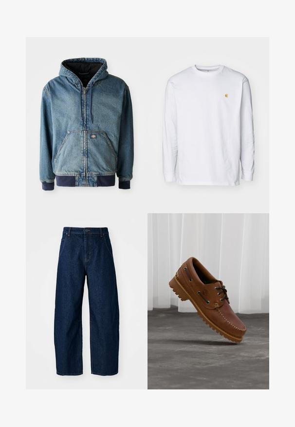 Denimjakke med hætte, med lynlås foran, to store forlommer og ribbede manchetter. Lys blå farve med mørk marineblå detaljer.; Hvid langærmet t-shirt lavet af bomuld. Har et lille gyldent logo på brystet og en rund halsudskæring. Enkel design og standard pasform.; Bredde ben mørk denim jeans med høj talje, som har fem lommer, knaplukning foran og synlige syninger.; Brun læder bådsko med sorte snørebånd, beige syninger og en robust sål, hængende over en grå betongulv.