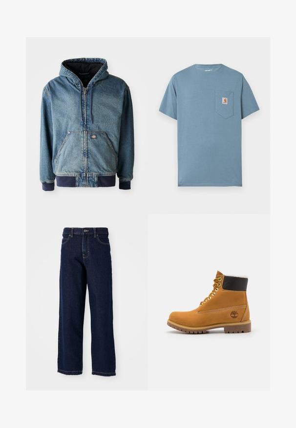 Jeansjack met een capuchon, voorzien van een ritssluiting aan de voorkant, twee grote voorzakken en geribbelde manchetten. Lichtblauwe kleur met donkerblauwe accenten.; Lichtblauwe katoenen t-shirt met een ronde hals, korte mouwen en een linkerkant borstzak met een vierkant Carhartt logo label.; Donkerblauwe wijde jeans van denim met een rechte snit, vijf zakken ontwerp en afwerksteken langs de zoom.; Bruine leren enkellaars met metalen oogjes, witte faux bont voering, zwarte gewatteerde kraag, robuuste zool en een reliëflogo aan de zijkant.
