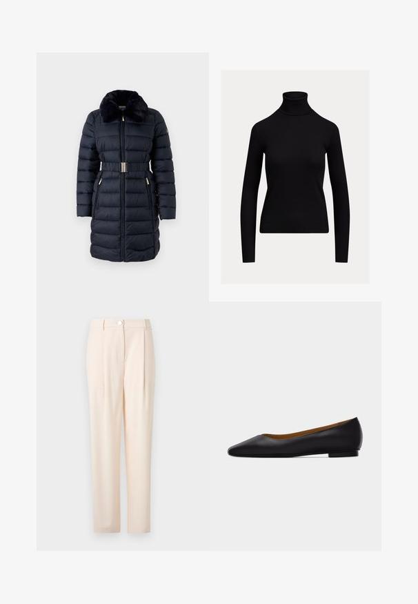 Manteau rembourré bleu marine avec un col en fausse fourrure, taille ceinturée et accents dorés. Comprend des poches zippées et une texture à côtes verticales.; Pull noir ajusté à manches longues avec col roulé et texture côtelée, présenté sur un fond clair uni.; Un pantalon beige clair au design ajusté, comportant un fermoir à l'avant, un tissu lisse, une coupe droite et sans motifs ni accents visibles.; Chaussure plate en cuir noir à bout pointu avec talon bas et finition lisse, vue de côté sur un fond gris clair.