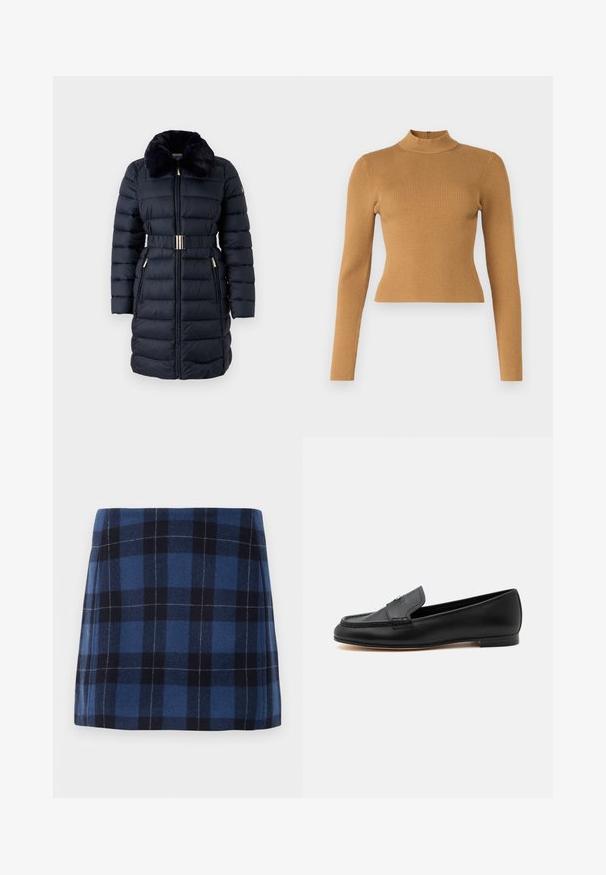 Manteau rembourré bleu marine avec un col en fausse fourrure, taille ceinturée et accents dorés. Comprend des poches zippées et une texture à côtes verticales.; Haut col roulé côtelé de couleur brun chaud. Il dispose de manches longues, d'une coupe ajustée et d'une petite fermeture éclair au dos. Texture lisse.; Jupe mini en tartan bleu foncé et marine, fabriquée en tissu doux avec une finition légèrement texturée. Présente une coupe droite et des lignes épurées.; Mocassin en cuir noir avec un petit talon, des détails cousus et un petit accent métallique sur la tige supérieure.