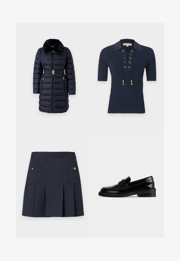 Manteau rembourré bleu marine avec un col en fausse fourrure, taille ceinturée et accents dorés. Comprend des poches zippées et une texture à côtes verticales.; Haut à manches courtes côtelé bleu marine avec un large col et un détail à lacets sur le devant comportant des œillets dorés et des embouts dorés de marque.; Jupe à rayures bleu marine foncé avec des plis à l'avant et deux poches à rabat ornées de boutons dorés de chaque côté.; Mocassin en cuir noir poli avec un petit talon carré, surpiqûres moc toe et une bride décorative sur le dessus.