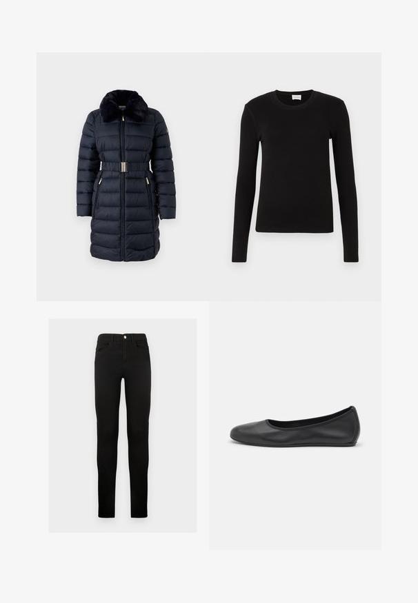 Manteau rembourré bleu marine avec un col en fausse fourrure, taille ceinturée et accents dorés. Comprend des poches zippées et une texture à côtes verticales.; T-shirt noir à manches longues en tissu doux et lisse. Présente un col rond et une coupe ajustée, sans motifs ni accents visibles.; Jean en denim noir avec une coupe slim, présentant une fermeture à bouton, des passants de ceinture et des poches avant. Texture lisse et design classique.; Ballerines en cuir noir avec un bout rond, texture lisse, détails de couture minimalistes et design de semelle flexible.