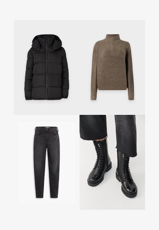 Schwarze Pufferjacke mit Kapuze, ausgestattet mit horizontal gesteppten Paneelen, einem Frontreißverschluss und Druckknopfdetails an den Seiten.; Brauner gerippter Strickpullover mit hohem Kragen und einem Reißverschluss vorne, der mit einem runden Ziehfinger ausgestattet ist. Lange Ärmel und eine lässige Passform.; Schwarze hochgeschnittene Slim-Fit-Jeans mit Vorder- und Gesäßtaschen, Knopfverschluss und Gürtelschlaufen, auf einem weißen Hintergrund präsentiert.; Schwarze Knöchelboots aus glattem Leder mit Schnürung vorne und seitlichem Reißverschluss. Die robuste Sohle und die detaillierten Ösen sorgen für Textur.