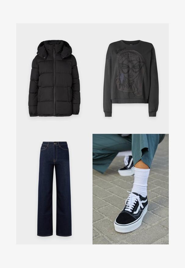 Zwarte pufferjas met capuchon, voorzien van horizontaal doorgestikte panelen, een rits aan de voorkant en drukknopaccenten aan de zijkanten.; Zwarte sweatshirt met lange mouwen, met een grote grafische afbeelding van een gezicht met een bril en rafelige randen. Geribbelde manchetten en halslijn.; Donkerblauwe wijde jeans van denim, met een hoge taille, vier zakken en contrasterende stiksels langs de naden.; Zwarte suède sneaker met witte accenten en veters, uitgerust met een dikke witte zool en contrasterende stiksels, gecombineerd met een witte sok.