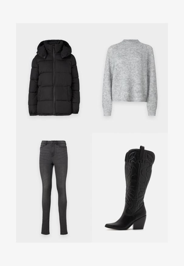 Schwarze Pufferjacke mit Kapuze, ausgestattet mit horizontal gesteppten Paneelen, einem Frontreißverschluss und Druckknopfdetails an den Seiten.; Hellgrauer Pullover mit hohem Kragen, langen Ärmeln und lockerer Passform. Aus strukturiertem Strickstoff mit subtilen Farbschattierungen gefertigt.; Skinny Jeans aus dunkelgrauem Denim, mit hohem Bund, Gürtelschlaufen und einem einzelnen Knopfverschluss. Keine sichtbaren Abnutzungsspuren oder Muster.; Schwarze kniehohe Stiefel aus Leder mit spitz zulaufender Zehenpartie und gestapeltem Absatz. Verfügt über dekorative Nähte und geschwungene Designelemente.