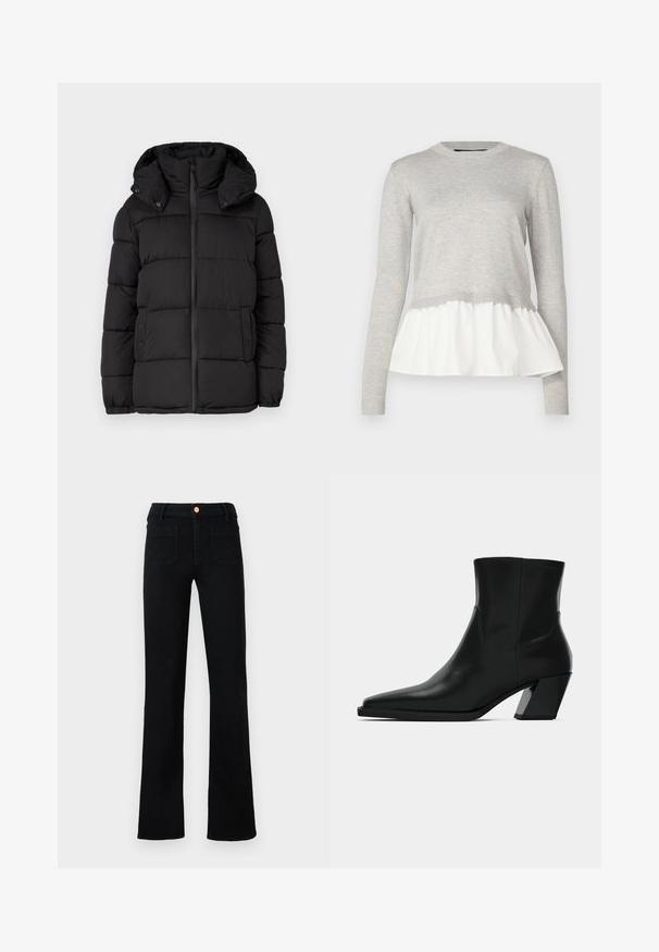 Schwarze Pufferjacke mit Kapuze, ausgestattet mit horizontal gesteppten Paneelen, einem Frontreißverschluss und Druckknopfdetails an den Seiten.; Graues Longsleeve-Oberteil mit einem strukturierten Strickoberteil und einem weichen, weißen, geschichteten Peplum-Unterteil. Rippkragen und Rippabschlüsse.; Schwarze hochtaillierte Jeans im Straight-Leg-Schnitt mit aufgesetzten Vordertaschen und einem kupferfarbenen Knopfverschluss auf neutralem Hintergrund.; Schwarze Leder-Stiefelette mit spitzem Zeh, schlanker Silhouette und klobigem quadratischem Absatz. Glatte Textur mit minimalen Nähdetails.