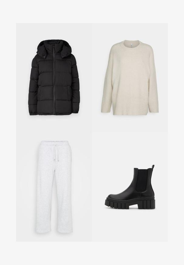 Schwarze Pufferjacke mit Kapuze, ausgestattet mit horizontal gesteppten Paneelen, einem Frontreißverschluss und Druckknopfdetails an den Seiten.; Cremefarbener Pullover aus weichem Strickmaterial, mit geripptem Saum und Bündchen, rundem Halsausschnitt und einem lockeren, entspannten Schnitt.; Hellgraue Baumwoll-Sporthosen mit elastischem Bund und Kordelzug, gerade Beinform, ohne sichtbare Logos oder Muster.; Schwarzer Leder-Chelsea-Boot mit dicker, geriffelter Plateausohle und elastischen Seitenteilen, dargestellt vor einem einfarbigen hellen Hintergrund.